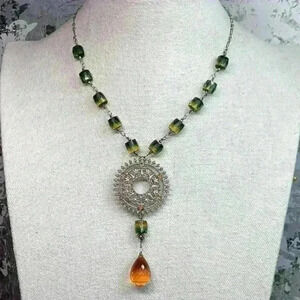 Vintage Silver Necklace - Green Glass Beads and Orange Dangle Crystal Pendant